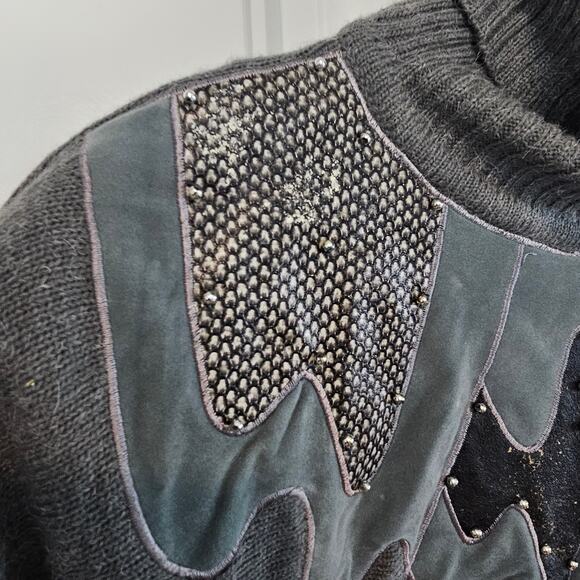 Vintage 80s Sweater Womens Medium Gray Patchwork Dolman Sleeve Textured Glam - Picture 5 of 11